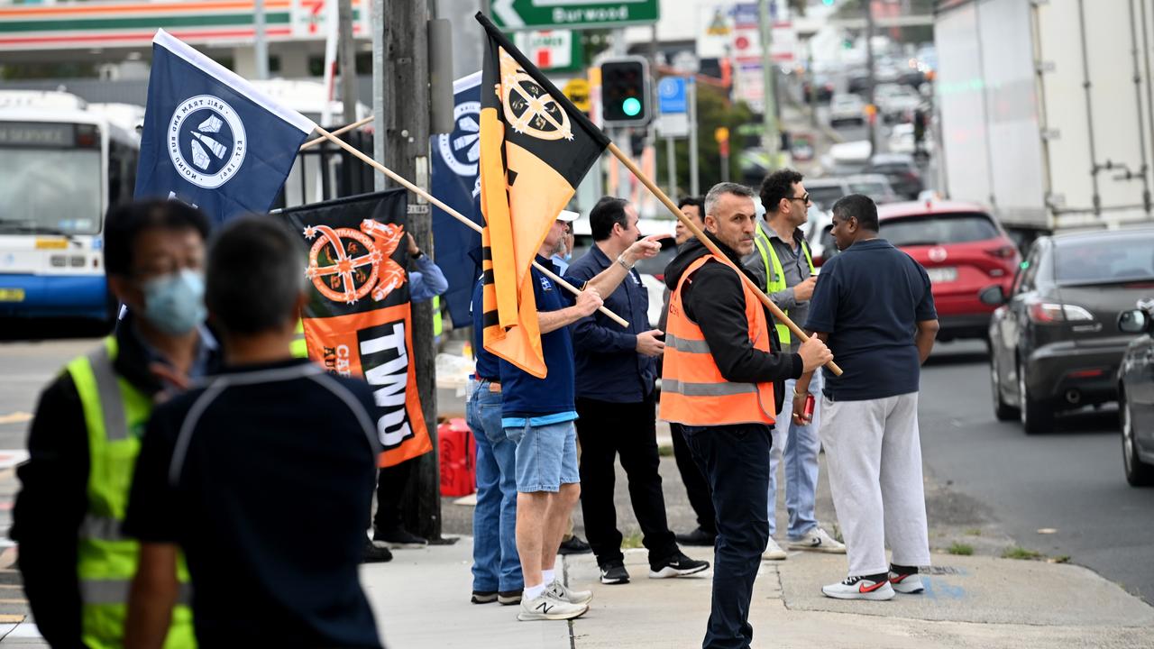 Sydney bus drivers stand at the picket-line as part of an ongoing workers rights dispute in December last year. Picture: NCA NewsWire / Jeremy Piper