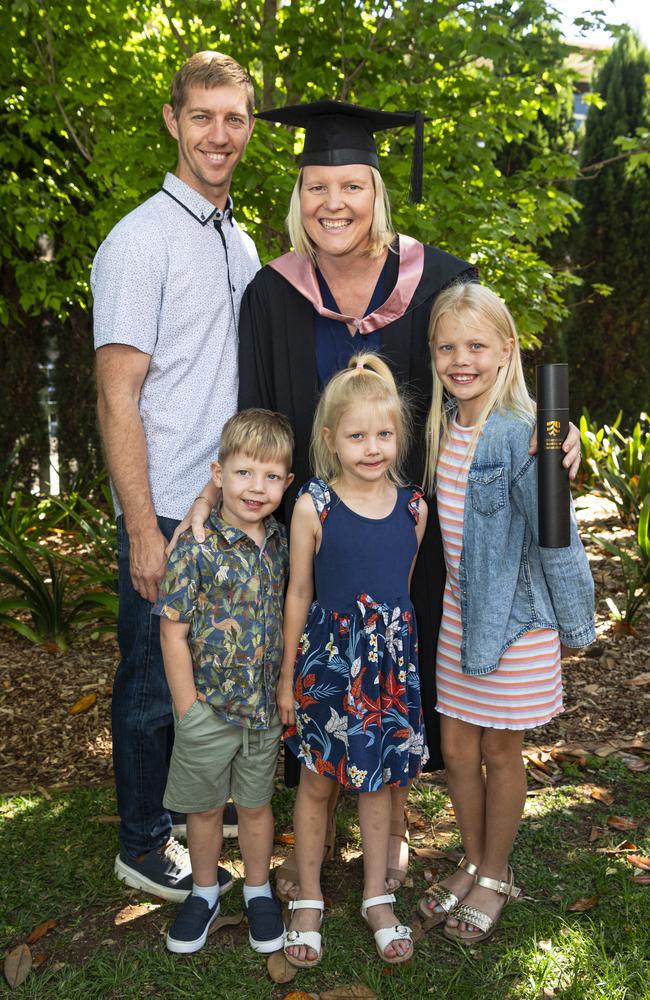 Master of Learning and Teaching (Primary) graduate Minandi Rudman with husband Leslie Rudman and their kids (from left) Leslie, Marissa and Liandie at a UniSQ graduation ceremony at The Empire, Tuesday, October 29, 2024. Picture: Kevin Farmer