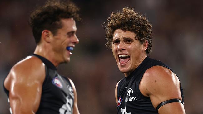 Blues brothers Charlie Curnow with Ed after they combined for a second quarter goal. Picture: Michael Klein