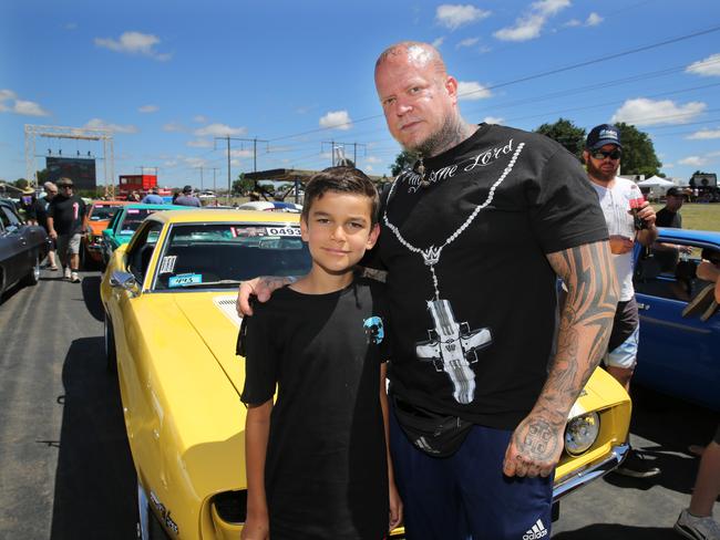Elvis Devic and his son Neven (9yrs) with his 1969 Yellow Chev Camaro. The Burnout competition at the festival. The annual Street Machine Summernats Car Festival began in Canberra with thousands of car enthusiasts expected to attend the event over the four days. Picture: Gary Ramage/ News Corp Australia