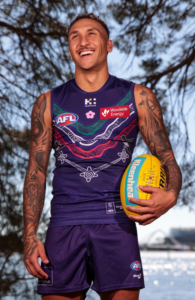 Fremantle forward Shai Bolton's models the Dockers' 2025 Indigenous Jumper. Pic: Fremantle FC.