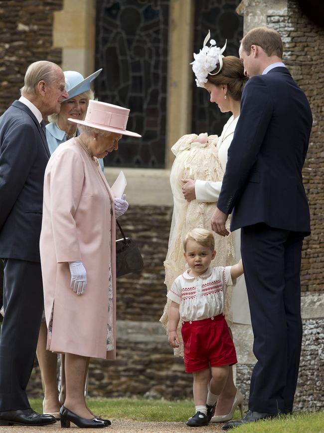 Queen Elizabeth II, Prince Phillip, Duke of Cambridge, Camilla, Duchess of Cornwall,Catherine, Duchess of Cambridge, Prince William, Duke of Cambridge, Princess Charlotte of Cambridge and Prince George of Cambridge arrive at the Church of St Mary Magdalene on the Sandringham Estate for the Christening of Princess Charlotte of Cambridge on July 5, 2015 in King’s Lynn, England. Picture: Getty