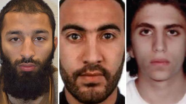 A combination of pictures released by the British Metropolitan Police Service in London shows, left to right, Youssef Zaghba, Khuram Shazad Butt and Rachid Redouane believed by police to be the three attackers in the June 3 terror attack on London Bridge. Picture: Metropolitan Police