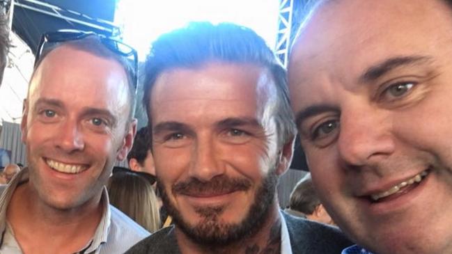 Craig Hutchison (right) with football star David Beckham (second from right) and the AFL’s former GM of commercial operations, Richard Simkiss. Photo: Facebook