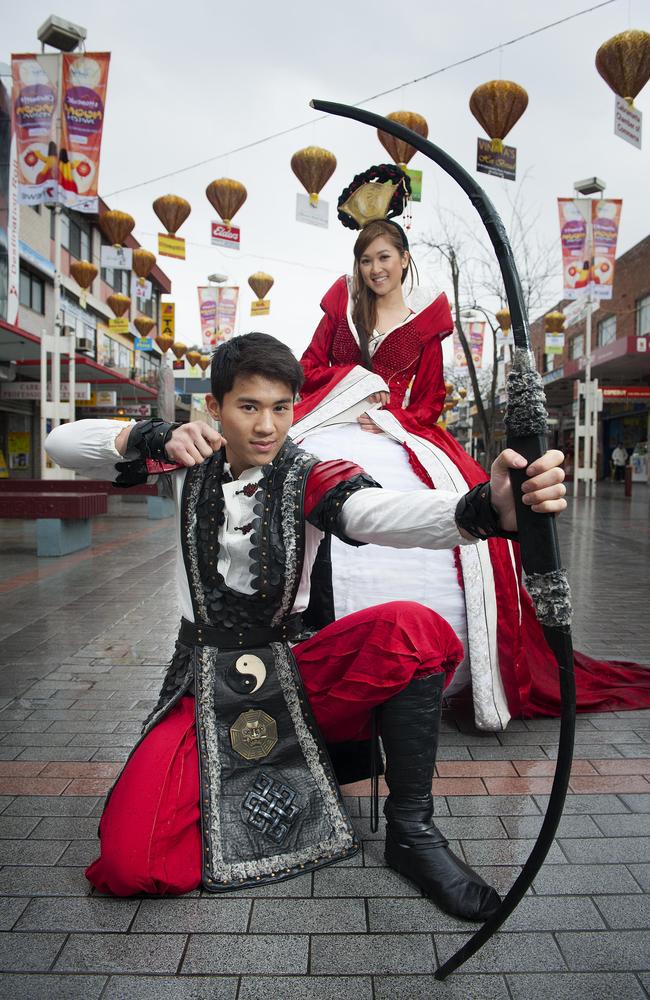 Nico Vu and Immi Ho, Vietnamese models at Freedom Plaza in Cabramatta in preparation of the upcoming Moon Festival.