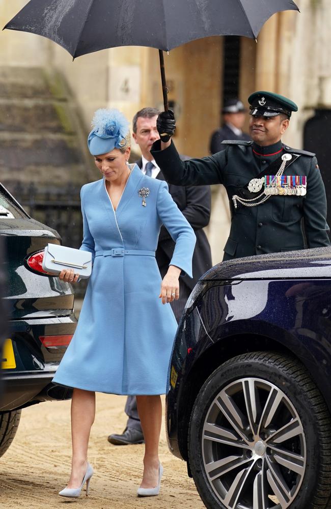 Zara Tindall wears a baby blue coat dress by Laura Green, with matching hat, and a diamond brooch belonging to Princess Anne. The brooch was a wedding gift from King Charles to the Princess Royal. Picture: Getty Images