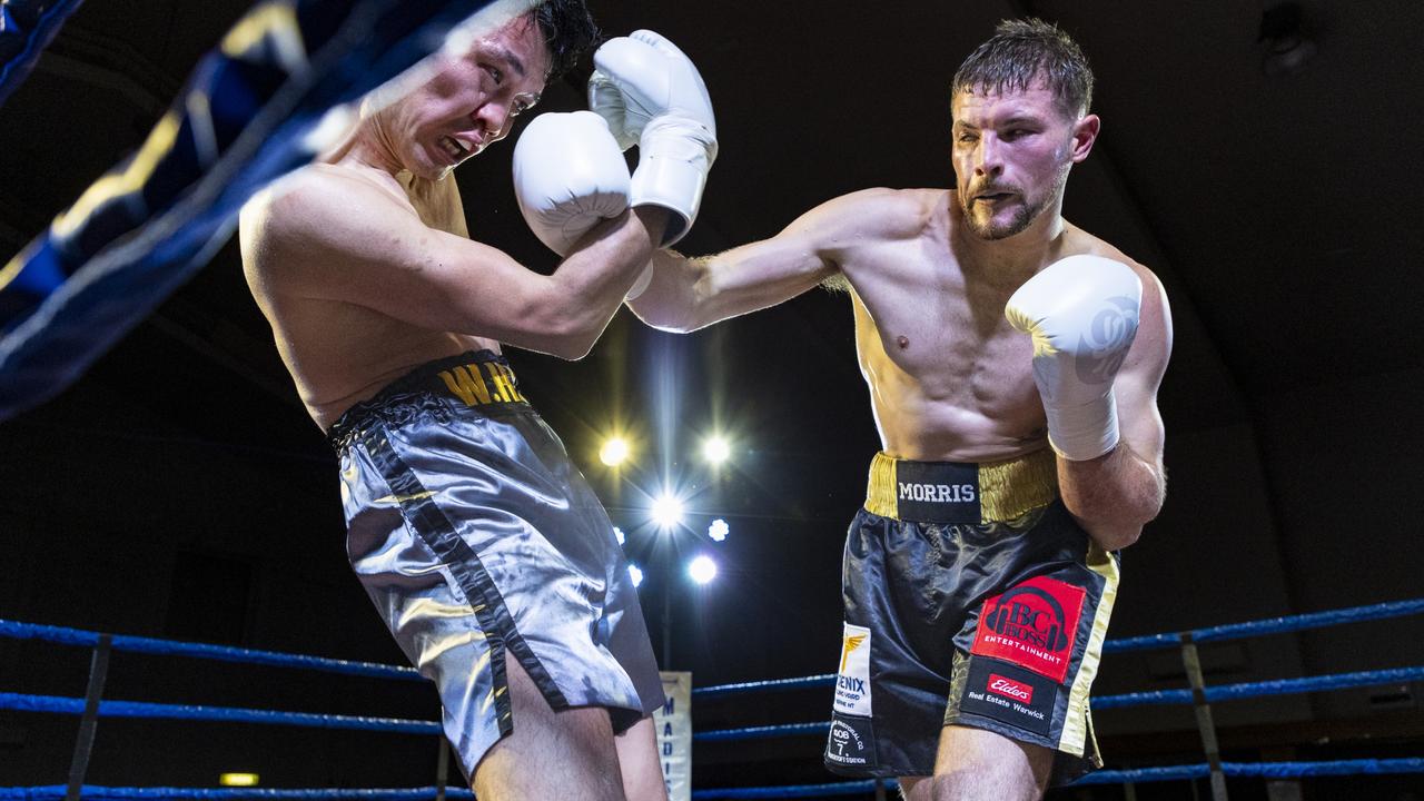 Goondiwindi boxer Jed 'Gunson" Morris lands a punch during a fight at Pittsworth. Picture: Darren Burns.