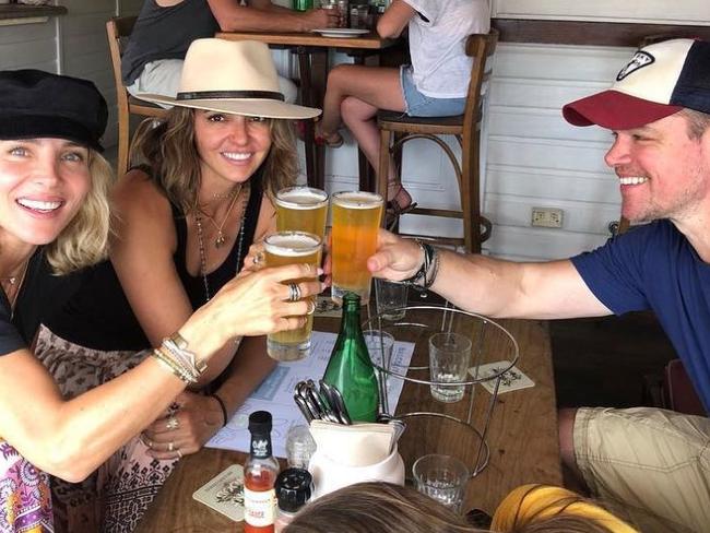 Matt Damon on Byron Bay with his wife Luciana Barroso (centre) and Chris Hemsworth’s wife Elsa Pataky. Picture: Instagram