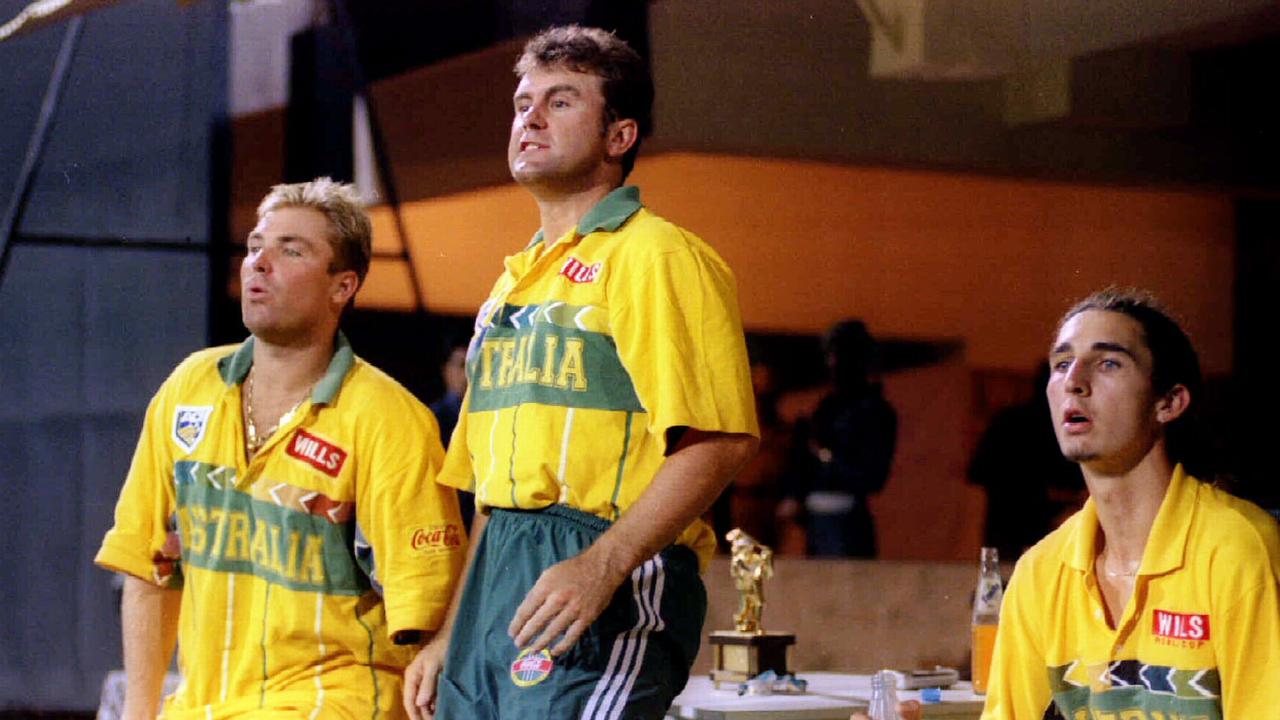 Shane Warne, Mark Taylor and Jason Gillespie watch tense quarter-final against New Zealand in the 1996 one day world cup in Madras, India.