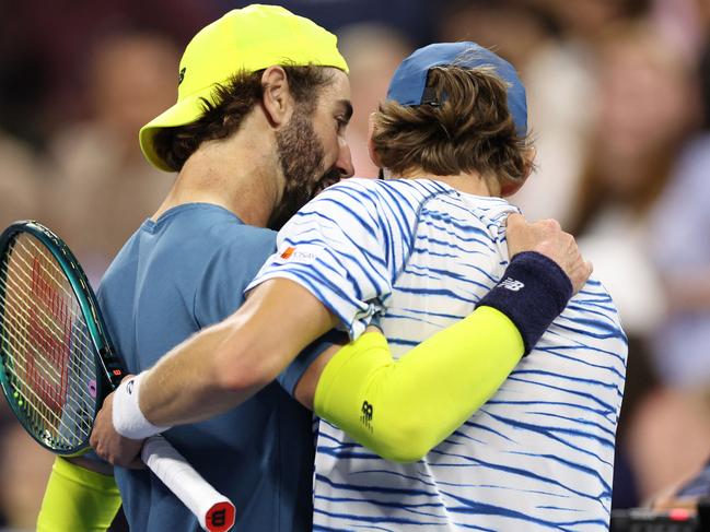 Alex de Minaur and Jordan Thompson after their round of 16 blockbuster. Picture: Charly Triballeau/AFP