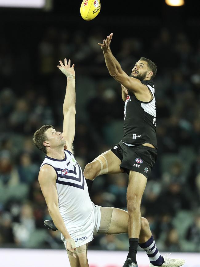 Former Port Adelaide ruckman Paddy Ryder in action against Fremantle at Adelaide Oval. Picture Sarah Reed