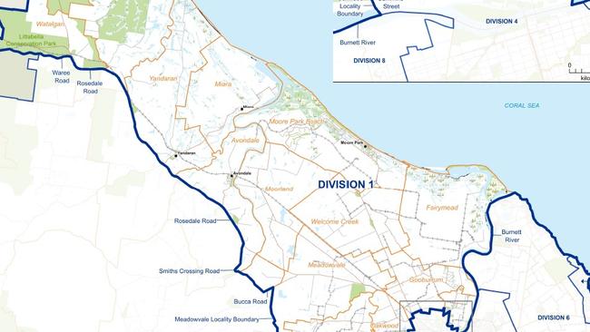 Division 1 stretches from Gooburrum, Meadowvale and Sharon through Moore Park Beach and Avondale out to Yandaran and Winfield.