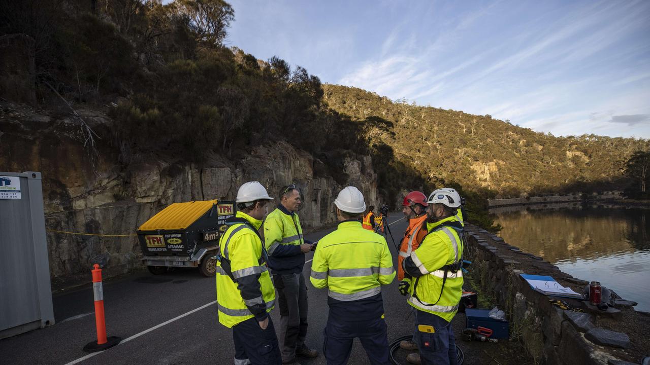 Removal of rock on the Tasman Highway near Orford. Picture ABC News Luke Bowden