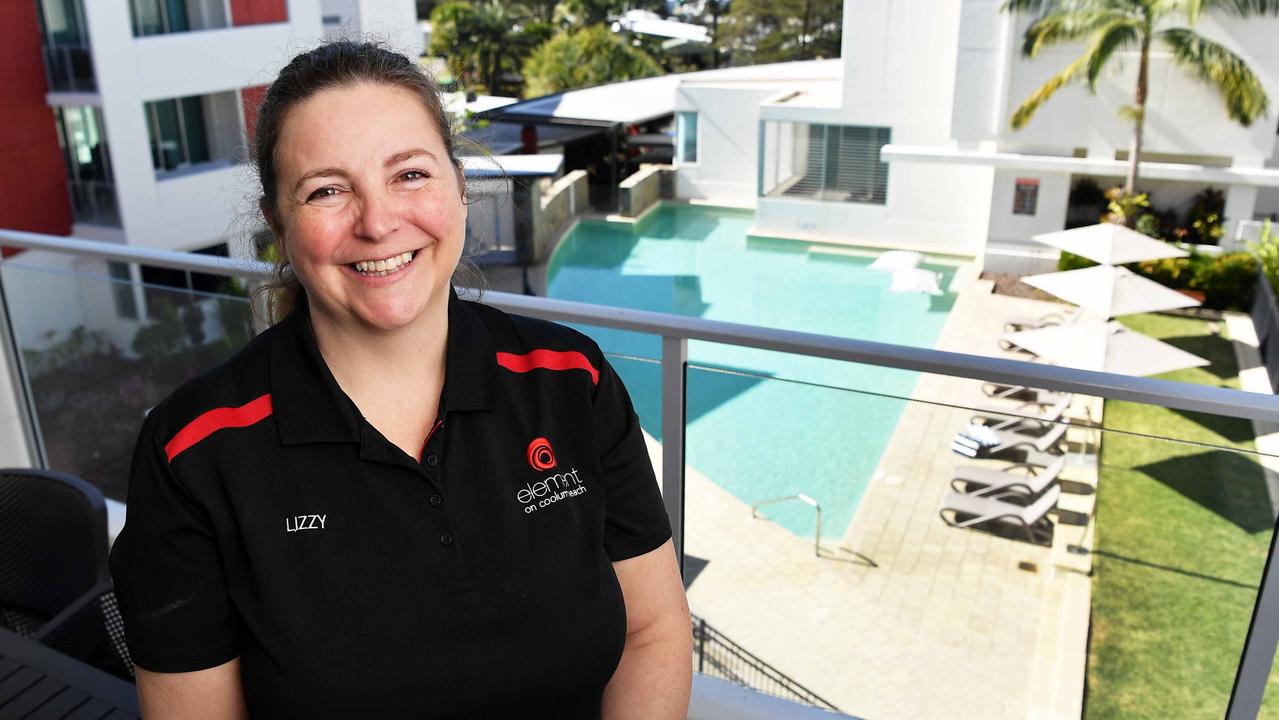 Element on Coolum Beach office manager Lizzy Schedler was proud of the David Low Way apartment complex’s placing on the Best of the Best Hotels list. Picture: Patrick Woods.