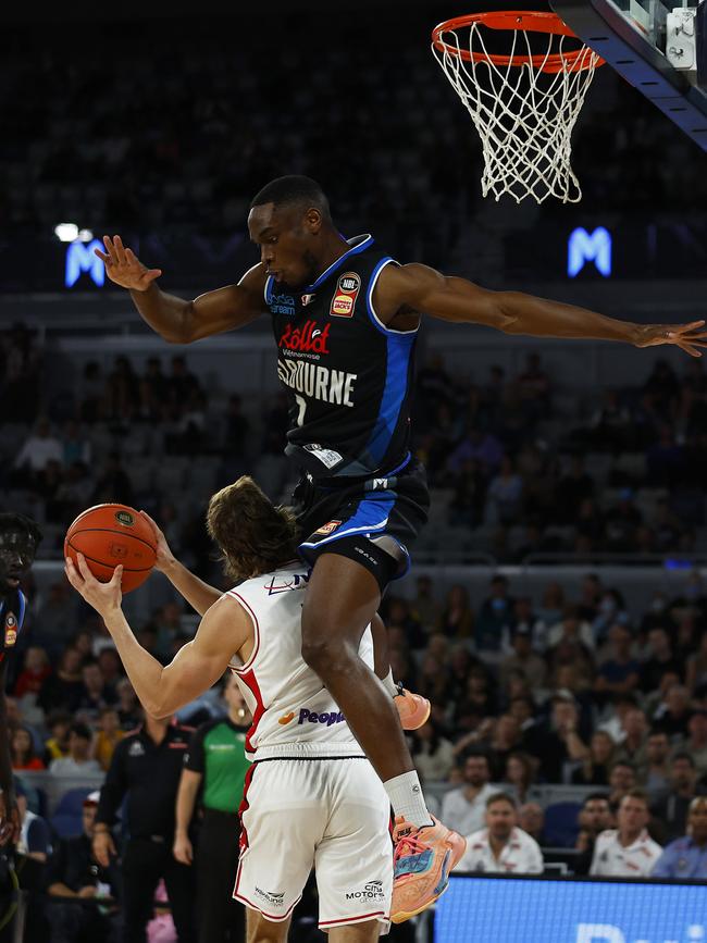 Caleb Agada ended up on Emmett Naar’s shoulders. Picture: Getty Images