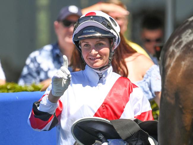 Jamie Melham after winning the John Moule Handicap at Sportsbet Sandown Lakeside Racecourse on February 01, 2025 in Springvale, Australia. (Photo by Brett Holburt/Racing Photos via Getty Images)