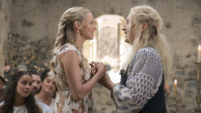 This image released by Universal Pictures shows Amanda Seyfried, left, and Meryl Streep in a scene from "Mamma Mia! Here We Go Again." (Jonathan Prime/Universal Pictures via AP)