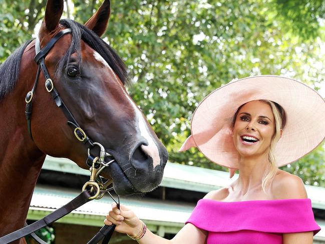 WEEKEND TELEGRAPHS SPECIAL. MUST TALK WITH PIC ED JEFF DARMANIN BEFORE PUBLISHING - Pictured at Randwick Racecourse today is Candice Warner with race horse Stay Inside, for the Pink Fashion Lunch in support of McGrath Foundation. Picture: Tim Hunter.