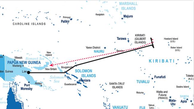 Earhart and Noonan’s likely final flight path and (in red) return journey to New Britain, according to Billings’ theory