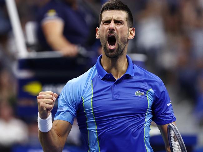 NEW YORK, NEW YORK - SEPTEMBER 10: Novak Djokovic of Serbia celebrates after a point against Daniil Medvedev of Russia during their Men's Singles Final match on Day Fourteen of the 2023 US Open at the USTA Billie Jean King National Tennis Center on September 10, 2023 in the Flushing neighborhood of the Queens borough of New York City. (Photo by Elsa/Getty Images)