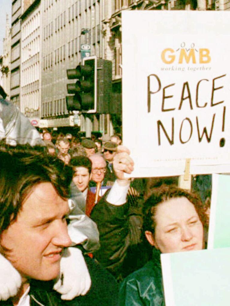 Northern Irish trade unionists call for resumption of the peace process on February 16, 1996. Picture: Paul Mcerlane/AP