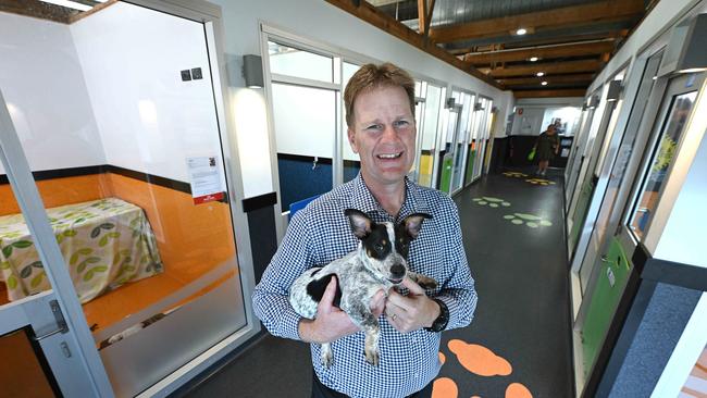 Outgoing RSPCA CEO Darren Maier, with a puppy up for adoption, at the RSPCA headquarters in Wacol, Brisbane. Picture: Lyndon Mechielsen/The Courier-Mail