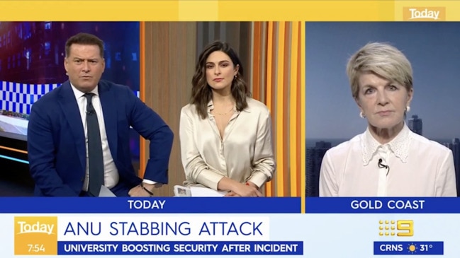 Julie Bishop's on air spray over alleged ANU stabbing (Today)