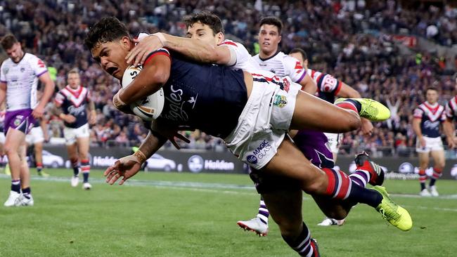 Latrell Mitchell dives over a try in the decider. Picture: Getty Images.