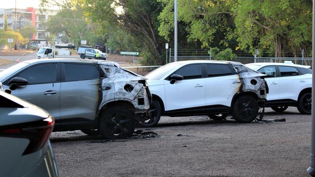 Three cars at the Chery Motors dealership in Stuart Park were destroyed in a blaze caused by suspected arson at 3.45am Wednesday. Picture: Sierra Haigh