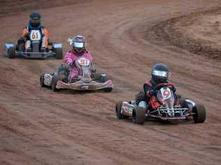 JUNIOR KARTS: Heath Parker, Zoe Smith and Cody Reynolds placed first, second and third in their junior karts heat at Carina Speedway. Photo: Mike Knott / NewsMail. Picture: Mike Knott