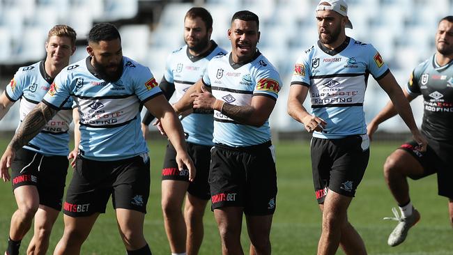 SYDNEY, AUSTRALIA - JULY 28: Sharks players warm up during a Cronulla Sharks NRL training session on July 28, 2020 in Sydney, Australia. (Photo by Mark Metcalfe/Getty Images)