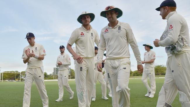 England players come off the pitch after their match against Cricket Australia XI.