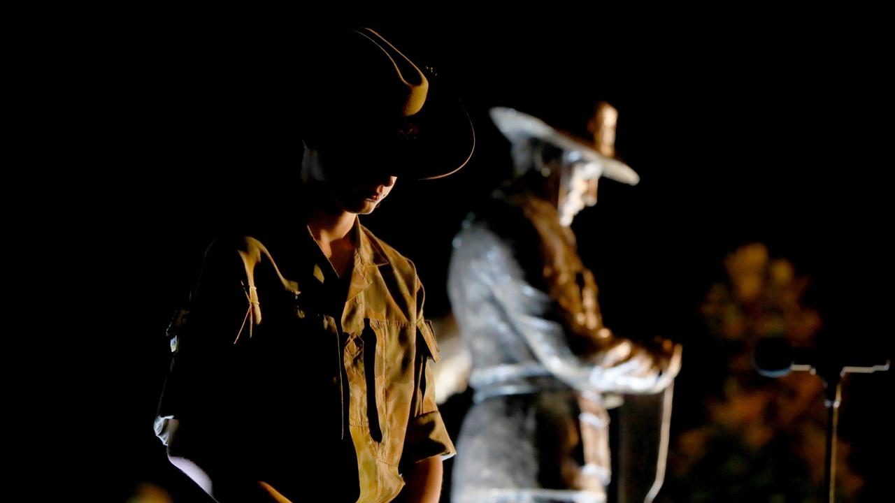 A Blacktown 202 Army Cadet Unit member reflects during the Anzac Day dawn service at Pinegrove Memorial Park in Minchinbury. Picture: Angelo Velardo