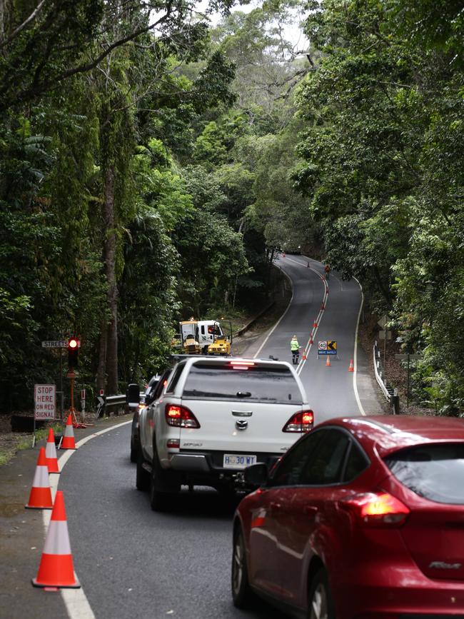 Roadworks causes traffic delays on the Kuranda Range Road section of the Kennedy Highway at Streets Creek near Kuranda. Picture: Brendan Radke