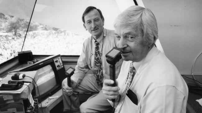 Legendary commentators Richie Benaud (front) and Bill Lawry at Adelaide Oval in 1994.