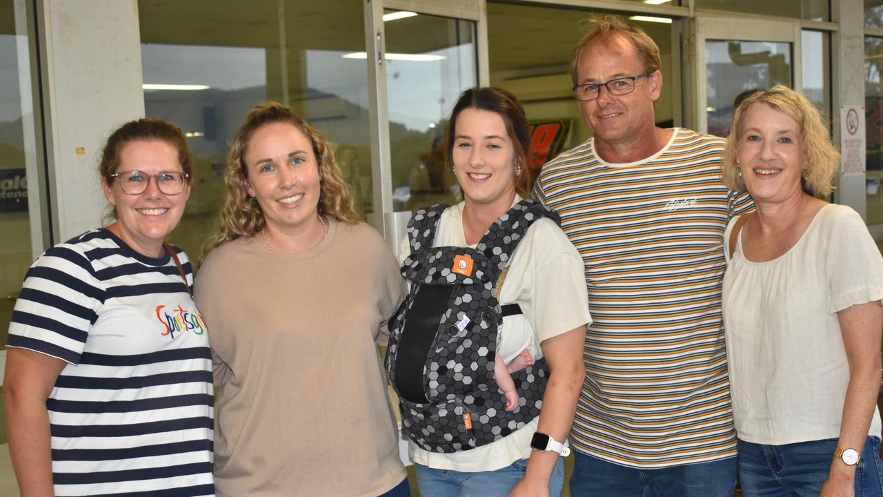 <p>Amie Hopkinson, Kristie Pieterse, Briony Campbell with baby Fletcher, Jason Dwyer and Donna Dwyer at the McCosker Rocky Speedway's Modified Sedans Cattle Cup at the Rockhampton Showgrounds on February 24, 2024.</p>