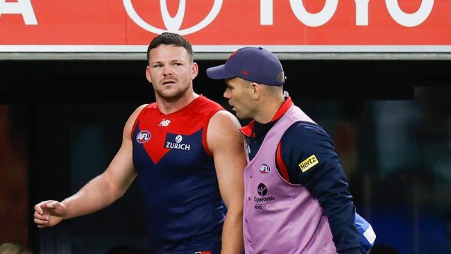 Steven May went down to the rooms but returned for the start of the second term. Picture: Michael Willson/AFL Photos via Getty Images