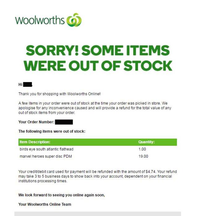 Woolies sent this email to Jess after she ordered her groceries, letting her know her kids wouldn’t be getting the discs.