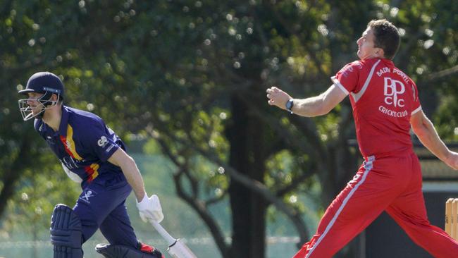 Old Peninsula batsman Justin Grant and Baden Powell bowler Zacc Klan. Picture: Valeriu Campan