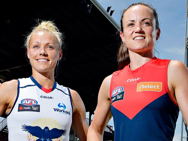 AFL woman's Adelaide Crows co-captain Erin Phillips and Melbourne Demon's Daisy Pearce ahead of the clash at TIO Stadium in Darwin.