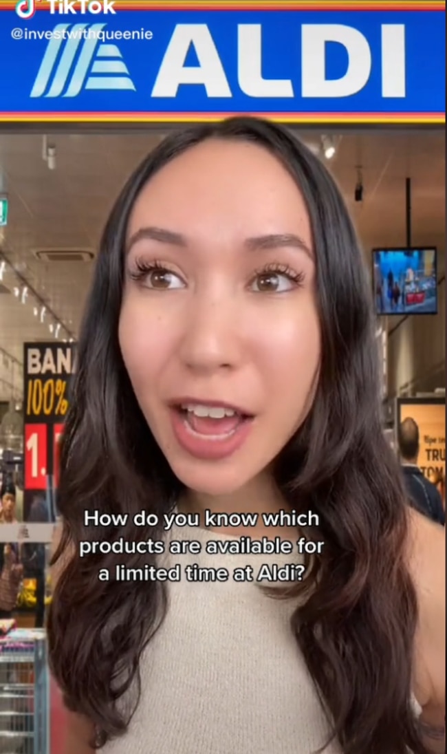 Sydney influencer Queenie Tan, 25, reveals what the colours on Aldi product price tags mean. Picture: TikTok/investwithqueenie