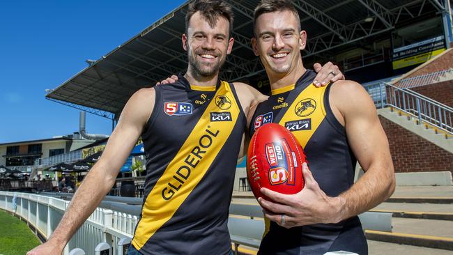 Former Brisbane Lion Jarryd Lyons, with his brother and fellow Tiger Corey Lyons at Glenelg Oval.Wednesday,October,23,2024.Picture Mark Brake