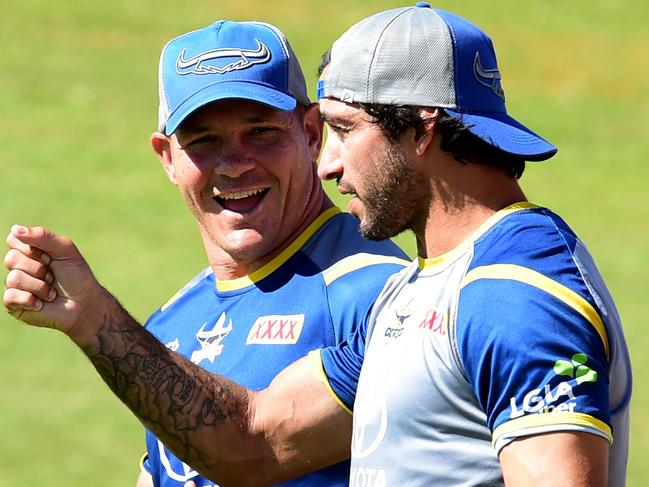 NQ Cowboys training at 1300Smiles Stadium. Matt Scott and Johnathan Thurston. Picture: Evan Morgan