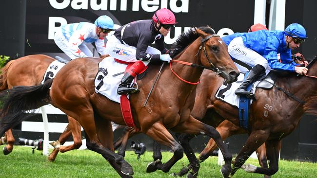 Craig Williams riding Gangitano finishes third in the Merson Cooper Stakes. Picture: Getty