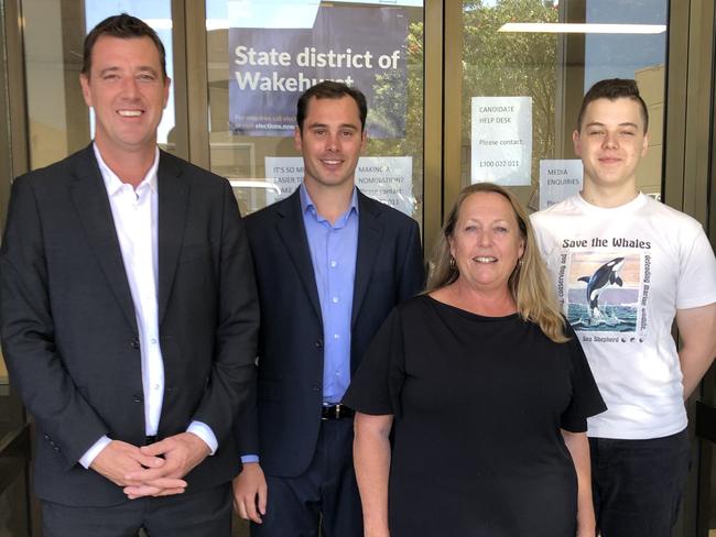 Four of the six candidates who nominated for the seat of Wakehurst were at the NSW Electoral Commission's election office at Brookvale on Thursday for the draw to decide the order of candidates on the ballot paper for the March 25 state election. Pictured (left to right) are: independent candidate Michael Regan, Liberal candidate Toby Williams, Labor candidate Sue Wright and Greens candidate Ethan Hrnjak. Picture: Jim O'Rourke