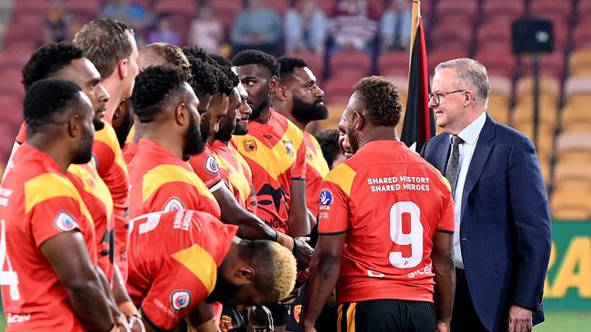 Australian Prime Minister Anthony Albanese and Papua New Guinean Prime Minister James Marape greet the players before the International match between Australian Men's PMs XIII and PNG Men's PMs XIII at Suncorp Stadium on September 25, 2022 in Brisbane, Australia. (Photo by Bradley Kanaris/Getty Images)