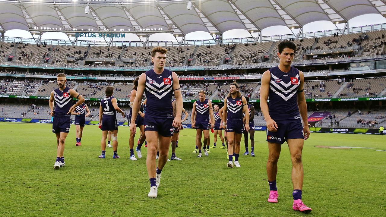 The Dockers leave the field after losing to the St Kilda Saints. Picture: Will Russell