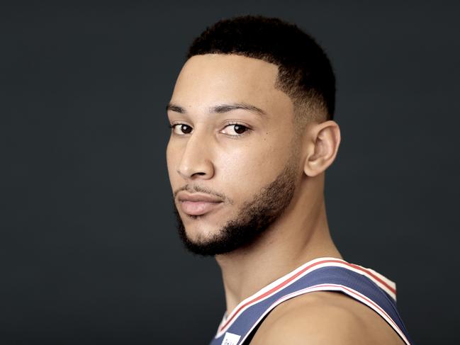 CAMDEN, NEW JERSEY - SEPTEMBER 30: (EDITORS NOTE: Image has been desaturated.) Ben Simmons #25 of the Philadelphia 76ers poses for a portrait during Media Day at 76ers Training Complex on September 30, 2019 in Camden, New Jersey.NOTE TO USER: User expressly acknowledges and agrees that, by downloading and/or using this photograph, user is consenting to the terms and conditions of the Getty Images License Agreement. (Photo by Elsa/Getty Images)