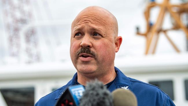 US Coast Gurad Captain Jamie Frederick speaks during a press conference about the search efforts for the submersible that went missing near the wreck of the Titanic, at Coast Guard Base in Boston, Massachusetts, on June 20, 2023. The Titan submersible with five people on board has "about 40 hours of breathable air" left, Frederick said Tuesday. (Photo by Joseph Prezioso / AFP)