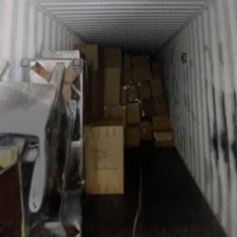 A shipping container which arrived in Sydney containing 3.5 tonnes of rough cut tobacco and 840,000 cigarettes, which was imported illegally by Yang Wang, 51, of Rhodes. Picture: supplied